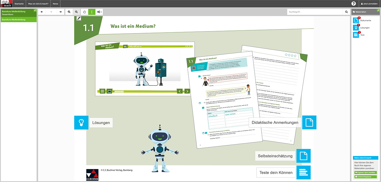 Der Screenshot zeigt eine Seite aus dem Verlagsangebot click & teach zum Thema "Was ist ein Medium" aus dem Basiskurs Medienbildung