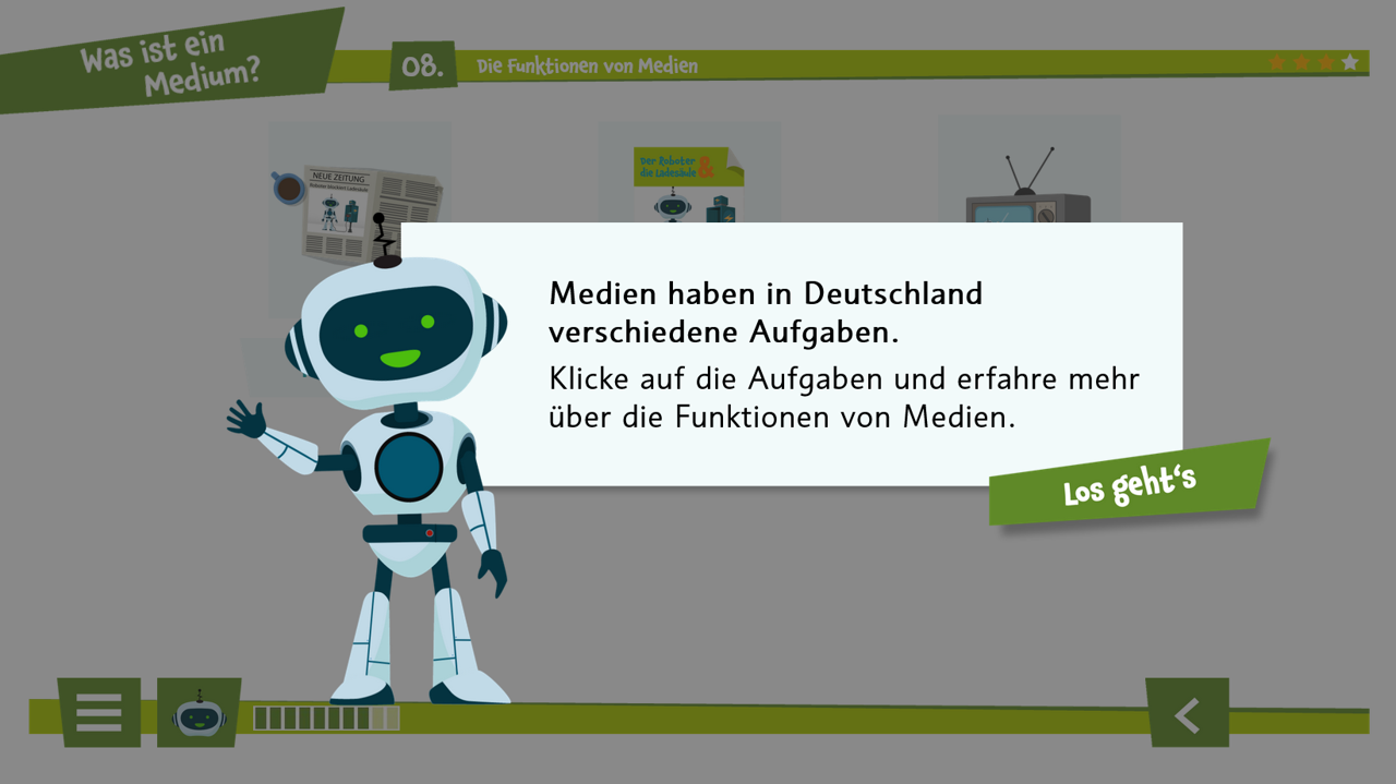 Der Roboter Robby führt in die verschiedenen Funktionen von Medien ein: Information und Wissen, Unterhaltung und Kontrolle