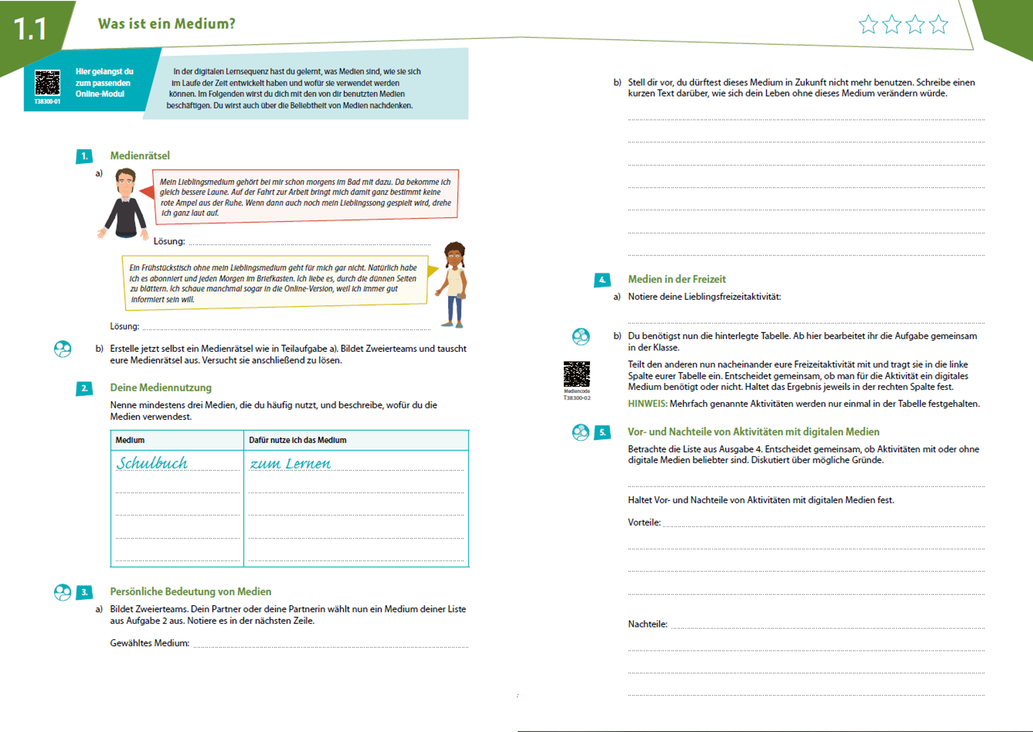 Eine Beispiel-Seite aus dem Arbeitsbuch Basiskurs Medienbildung für Schülerinnen und Schüler.